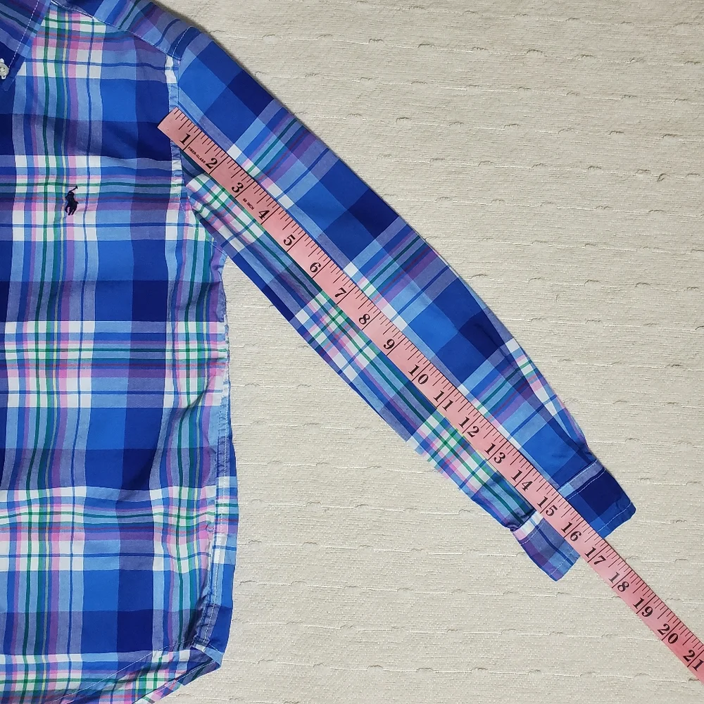 Ralph Lauren Boy blue plaid button down shirt Oxford Natural stretch Size 7‎